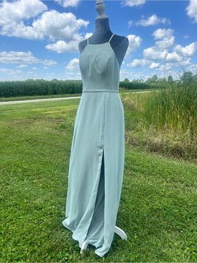 Azazie Light Sage Halter Maxi Dress with Front Slit